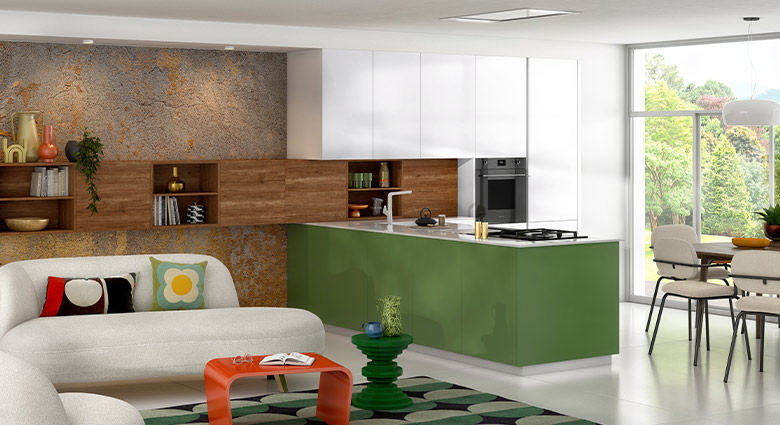 cuisine moderne verte et blanche ouverte sur le salon