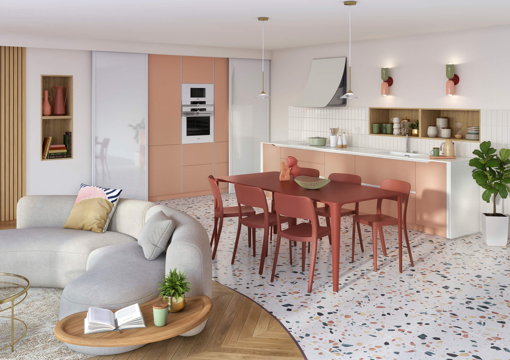 La cuisine combine élégamment le Terracotta des armoires