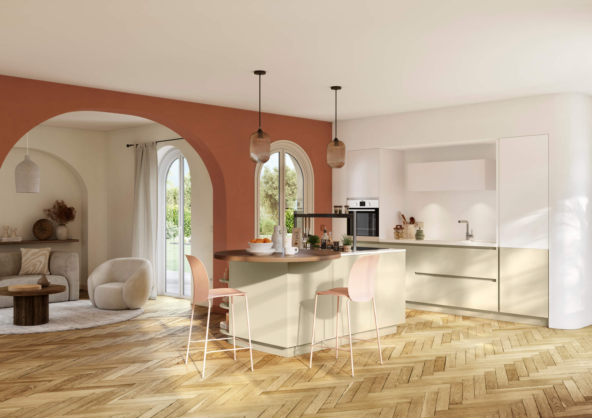 Cuisine beige sable et blanche avec ilôt central